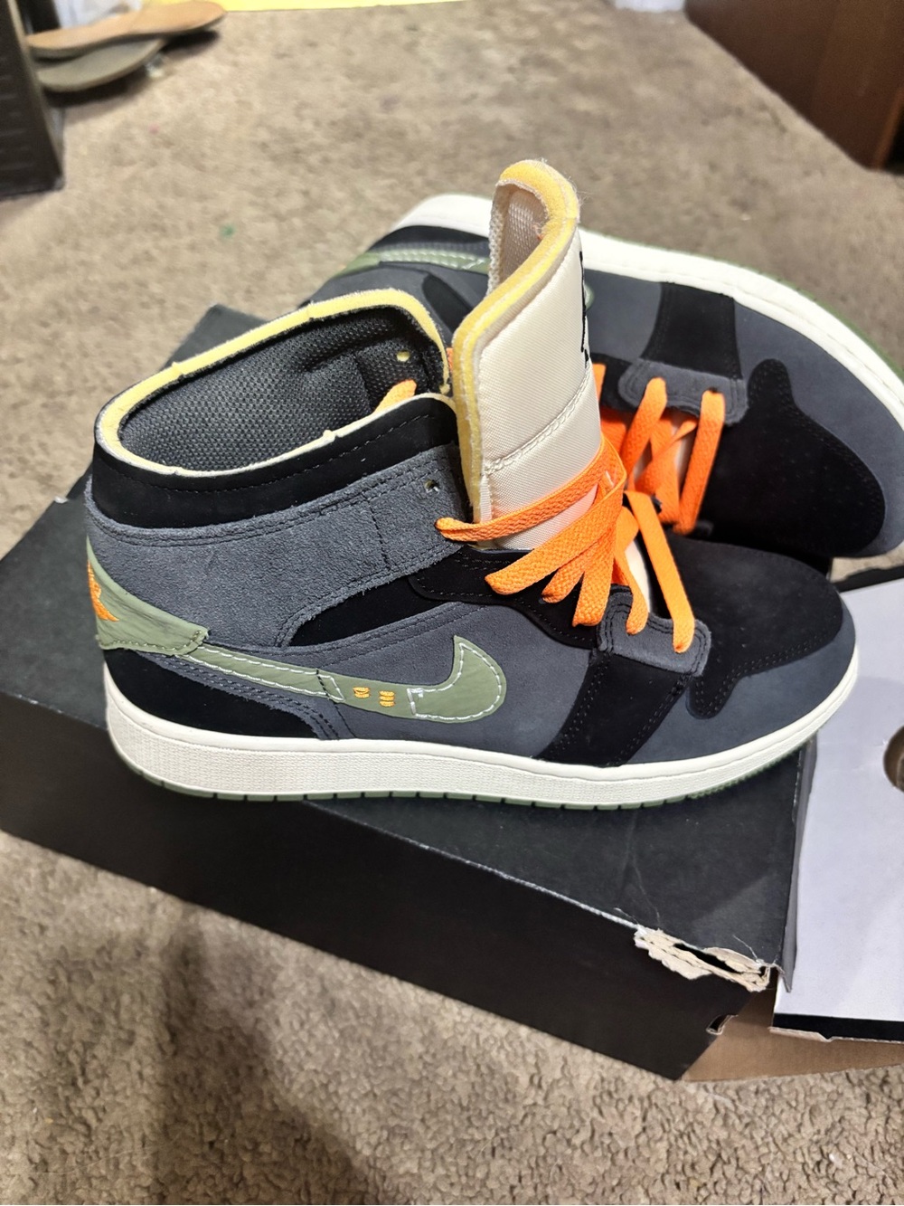 Jordan Kids High-Top Sneakers in Black, Gray & Olive with Orange Laces